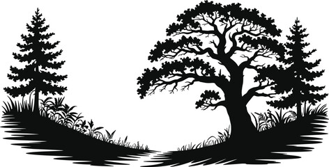 Black silhouette forest landscape, oak and evergreen trees, grassy terrain, nature scene, minimal design, white background, vector illustration, outdoor ecosystem
