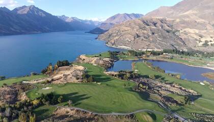 Panoramic golf course overlooking a serene lake and mountains