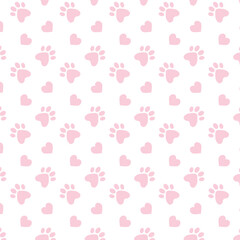Pastel pink seamless pattern with cute paws and hearts