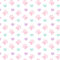 pastel color seamless pattern with cute paws and hearts