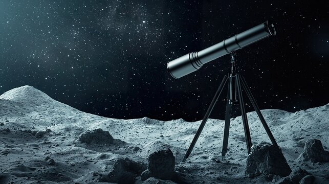 Telescope pointed at sky, starry night, lunar surface, astronomy,