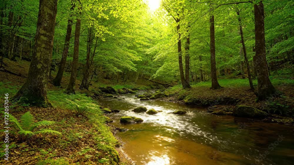 Poster sunlight dances and reflects on a serene forest stream as the day progresses in a tranquil timelapse