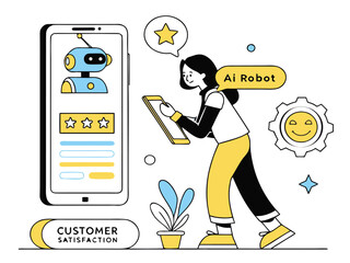 Customer satisfaction with AI robot service through mobile device and personalized support illustration