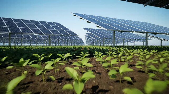 Agrivoltaics: Solar Panels and Growing Crops - Rows of solar panels are installed above a field of young, green plants, showcasing a sustainable agrivoltaics concept.