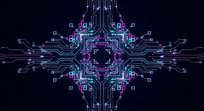 Geometric Digital Abstract Circuit Board Pattern with Neon Light Effects