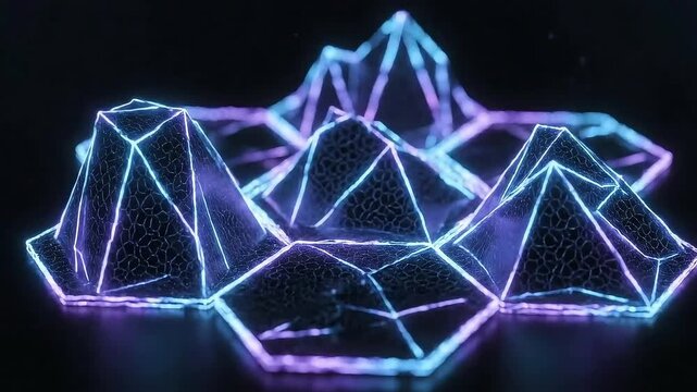 Abstract animation of glowing wireframe hexagons in neon blue and purple, representing technology and data visualization