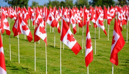 Many small Canadian flags planted in the grass