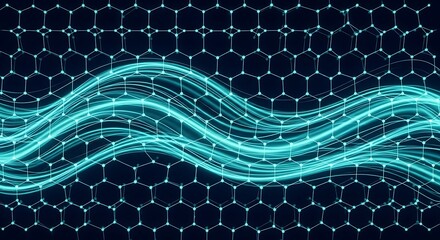 Abstract Digital Flowing Energy Waves Connecting Hexagonal Structures in a Futuristic Network