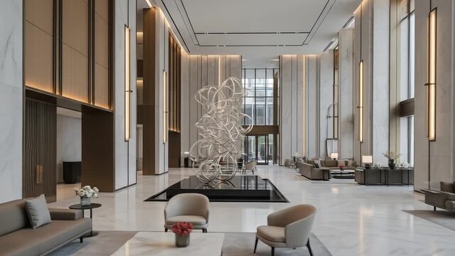 Elegant Hotel Lobby with High Ceilings Marble Floors and Contemporary Sculpture with Neutral Tones Beige Sofas and Ample Natural Light