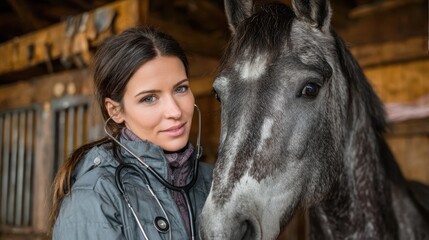 Veterinarian caring for a gray horse in a stable during a sunny day in autumn