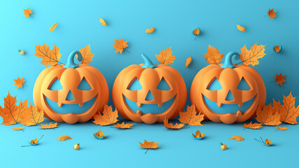 Smiling Halloween pumpkins with carved faces, autumn maple leaves, festive seasonal decoration on blue background, spooky holiday design, fall celebration concept