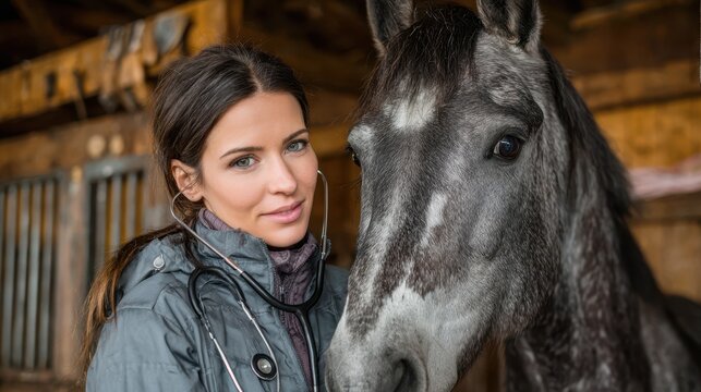 Veterinarian caring for a gray horse in a stable during a sunny day in autumn