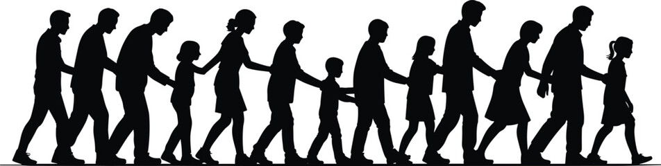 Black silhouette people walking in line, generational connection, life stages, family unity, age progression, minimal design, white background vector illustration