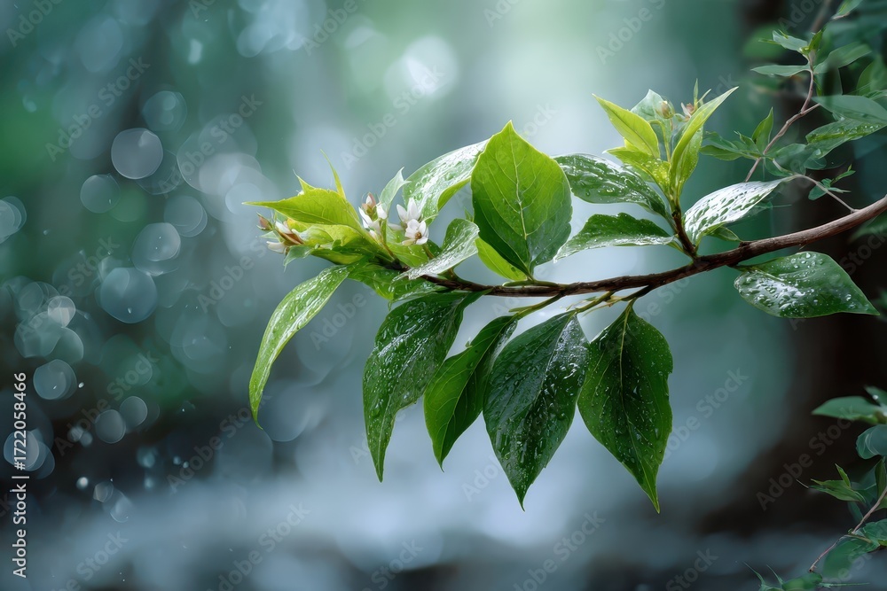 Poster fresh green leaves display vibrant life in spring with a bokeh background creating a serene atmosphe