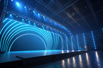 Online concert. Event entertainment concept. Background for online concert. Blue stage spotlights. Empty stage with blue spotlights.