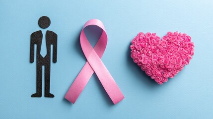 Breast cancer awareness symbol with black figure and heart on blue background