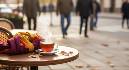 Autumn cafe scene with tea and scarf on a table.