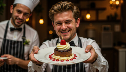 Cheerful waiter serving birthday dessert with cake in restaurant  
