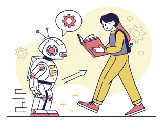 Girl teaching robot with a book showing artificial intelligence education and technological advancement vector illustration