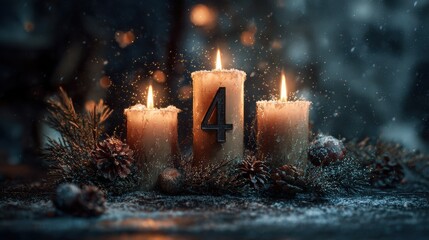 Advent candles with number four, pine branches, and snowy pinecones
