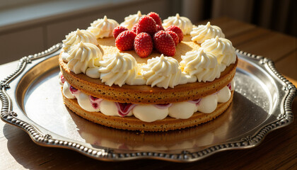 Cake on vintage silver tray with raspberries and whipped cream  