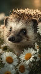 Hedgehog resting among wildflowers in soft sunlight during a serene afternoon moment