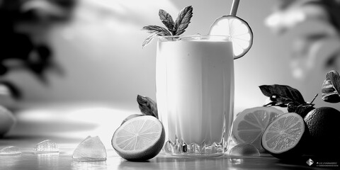 Refreshing creamy drink with lemon and mint on a bright surface