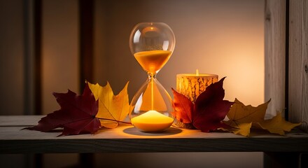 Autumn Time Reflection with Hourglass and Candles.