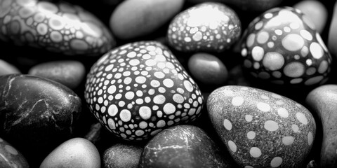 Colorful pebbles with unique patterns on a rocky surface