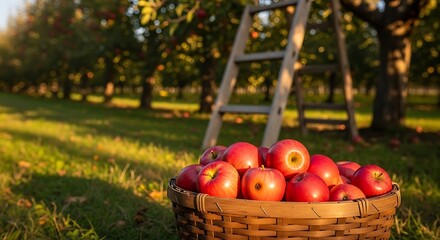 Basket of freshly picked red apples in a sunny orchard during harvest season.