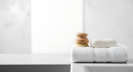 Bathroom essentials with white towels soap and brush on counter.