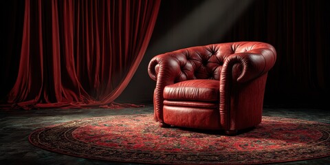 Elegant red leather armchair on a round rug under dramatic lighting in a theatrical setting