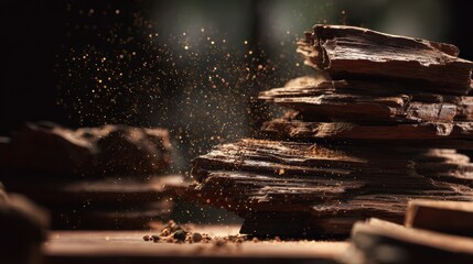 Close-up of cinnamon sticks with dust particles in ambient light