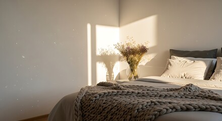 Cozy bedroom interior with warm morning light.