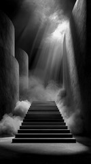 Stairs leading into the light with dramatic shadows and fog