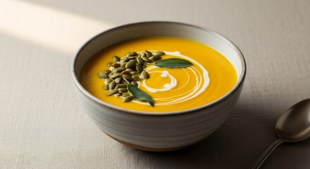 Creamy pumpkin soup with pumpkin seeds and cream swirl in a rustic bowl.