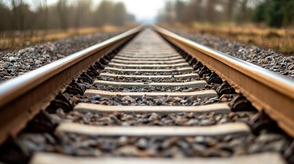 Train track rail detail, metallic gleam, gravel ballast,  