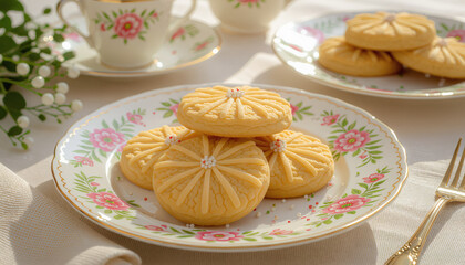 Birthday cookies on floral plates in modern style  