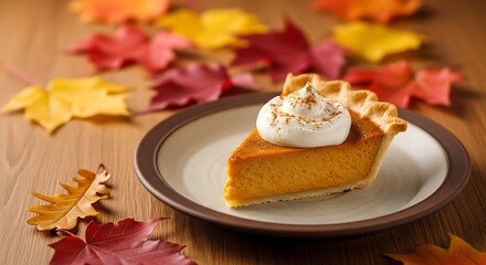 Delicious pumpkin pie slice with whipped cream and autumn leaves.