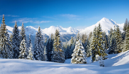 Festive Christmas Landscape With Snow Mountains And Decorated Christmas Trees