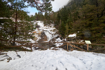 Cascada entre rocas y coníferas en un paisaje nevado, con una valla de madera en primer plano bajo un cielo parcialmente nublado. © LIS