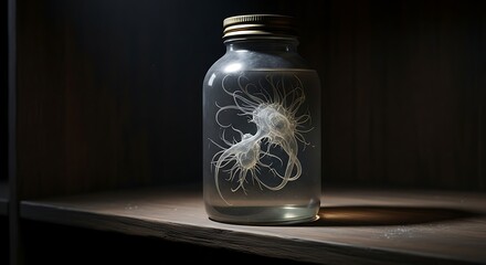 Ethereal Jellyfishlike Creature Preserved in a Glass Jar on a Wooden Shelf.