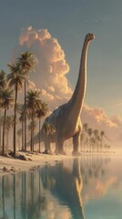 Giant dinosaur walks along a tropical beach at sunset surrounded by palm trees and reflections in the water