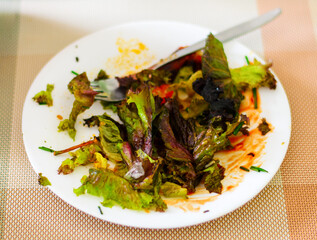 Close up of unfinished fresh salad on dining table at home