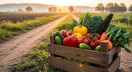 Freshly harvested organic vegetables in a wooden crate on a farm path at sunrise.