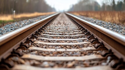 Train track rail detail, metallic gleam, gravel ballast,  