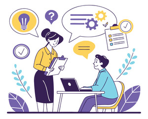 Fototapeta premium People collaborating on a project with a laptop and documents in a modern office setting with thought bubbles and gears
