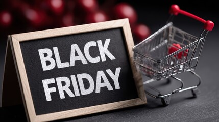 Black friday shopping miniature cart and chalkboard sign on dark background