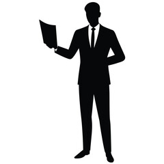 Silhouette of a businessman in a suit holding and reading a document vector illustration