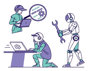 Robot Team Working on a Software Project with Technical Support and Maintenance